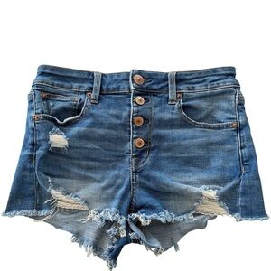 American Eagle Hi-Rise Shorties Shorts Sz 4 Distressed Button Fly Super Stretch